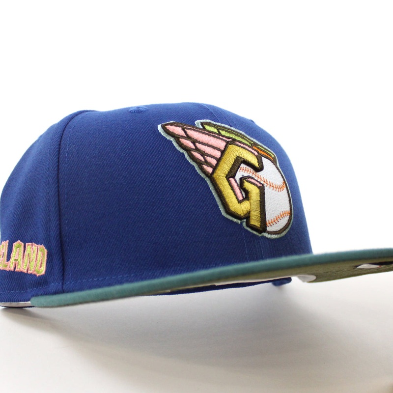Cleveland Guardians CLEGUA CLEVELAND New Era 59Fifty Fitted Hat (GITD SONGBIRD BLUE PINE NEEDLE GREEN NEW OLIVE Under Brim 7