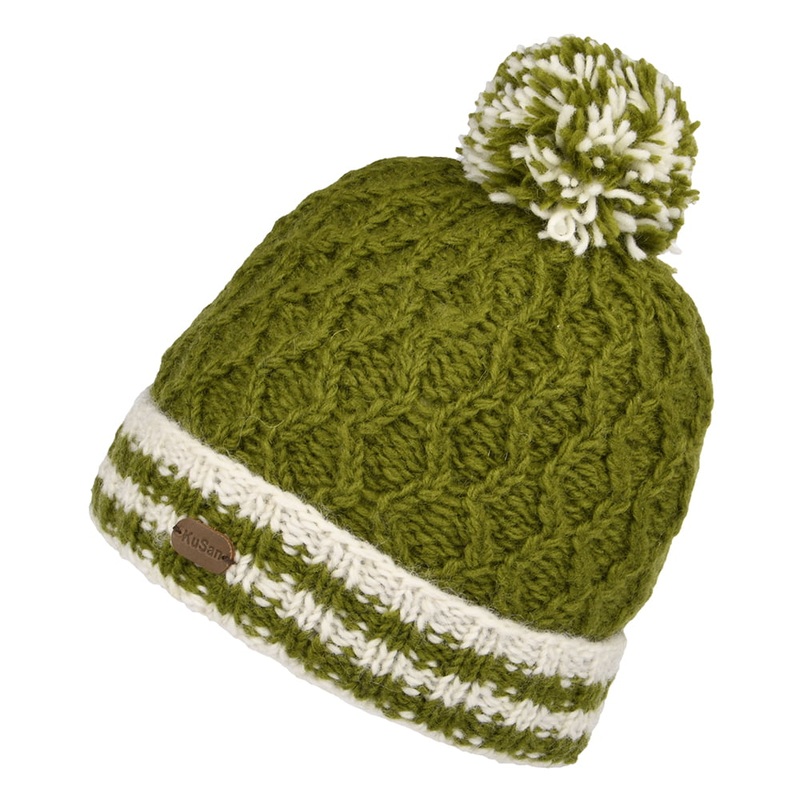 Kusan Diamond Knit Striped Cuff Bobble Hat – Olive 1-Size