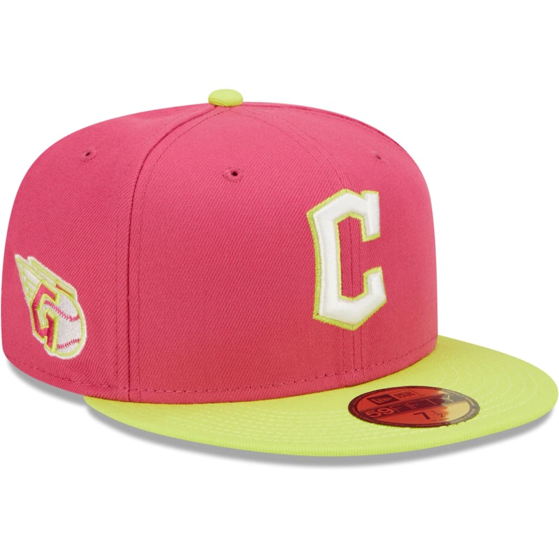 New Era Cleveland Guardians Pink Primary Logo Beetroot Cyber 59FIFTY Fitted Hat