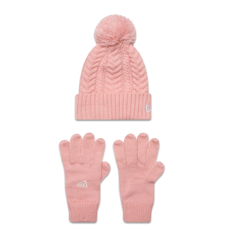 New Era Youth Cable Pastel Pink Beanie and Gloves Set Youth