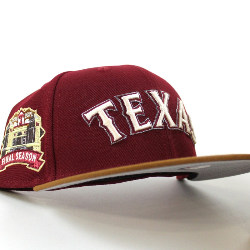 Texas Rangers Final Season Patch New Era 59Fifty Fitted Hat (Cardinal Peanut Gray Under Brim) 7