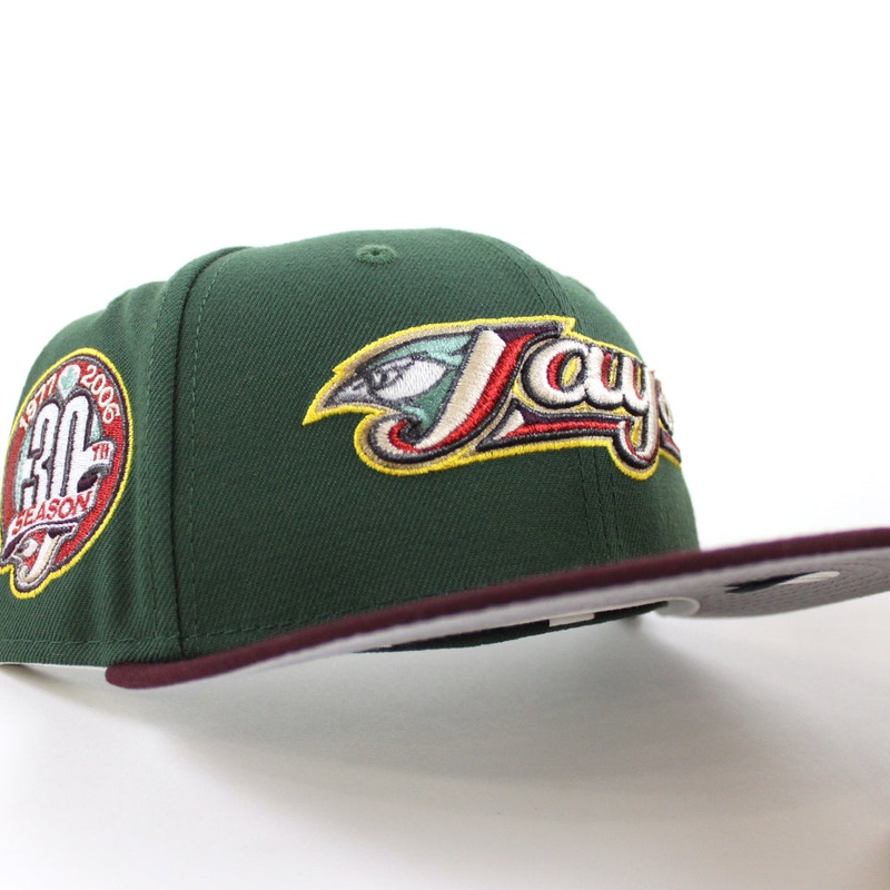 Toronto Blue Jays 30th Season New Era 59Fifty Fitted Hat (Glow in the Dark Pine Green Maroon Gray Under Brim) 7