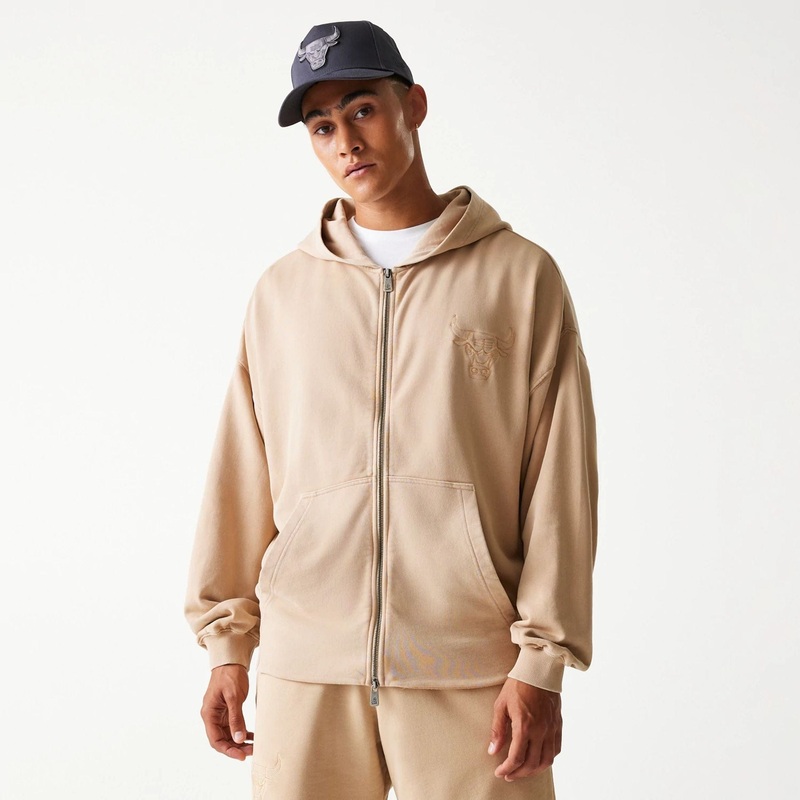 Chicago Bulls NBA Washed Beige Full Zip Hoodie XS