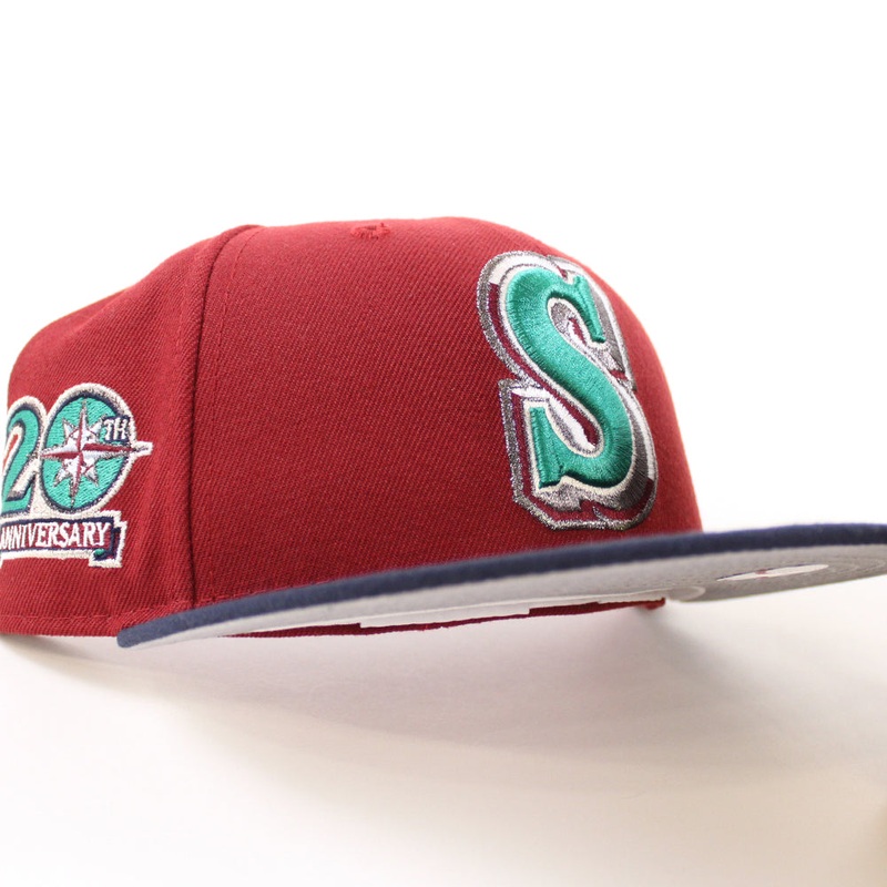 Seattle Mariners 20TH Anniversary New Era 59Fifty Fitted Hat (Brick Red Navy Gray Under Brim) 7
