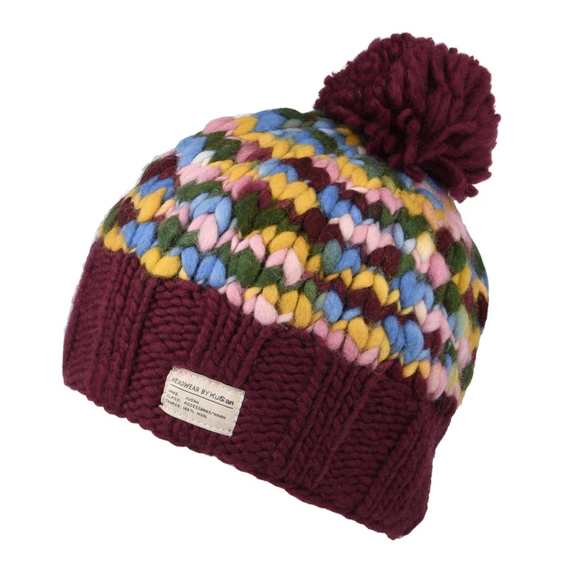 Kusan Chunky Yarn Bobble Hat – Wine-Multi 1-Size