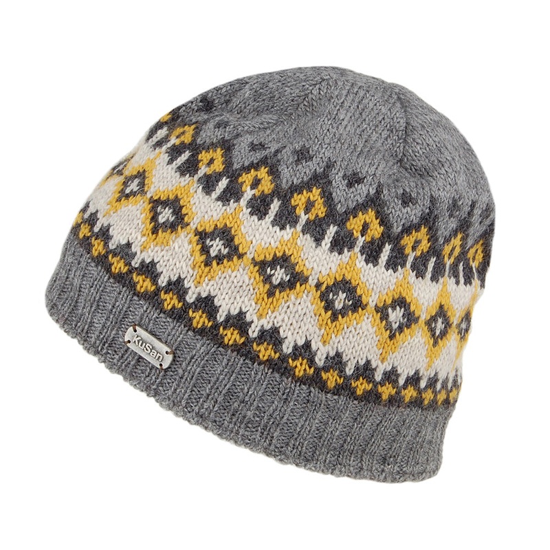 Kusan Hats Fine Gauge Fair Isle Beanie Hat – Grey-Yellow 1-Size