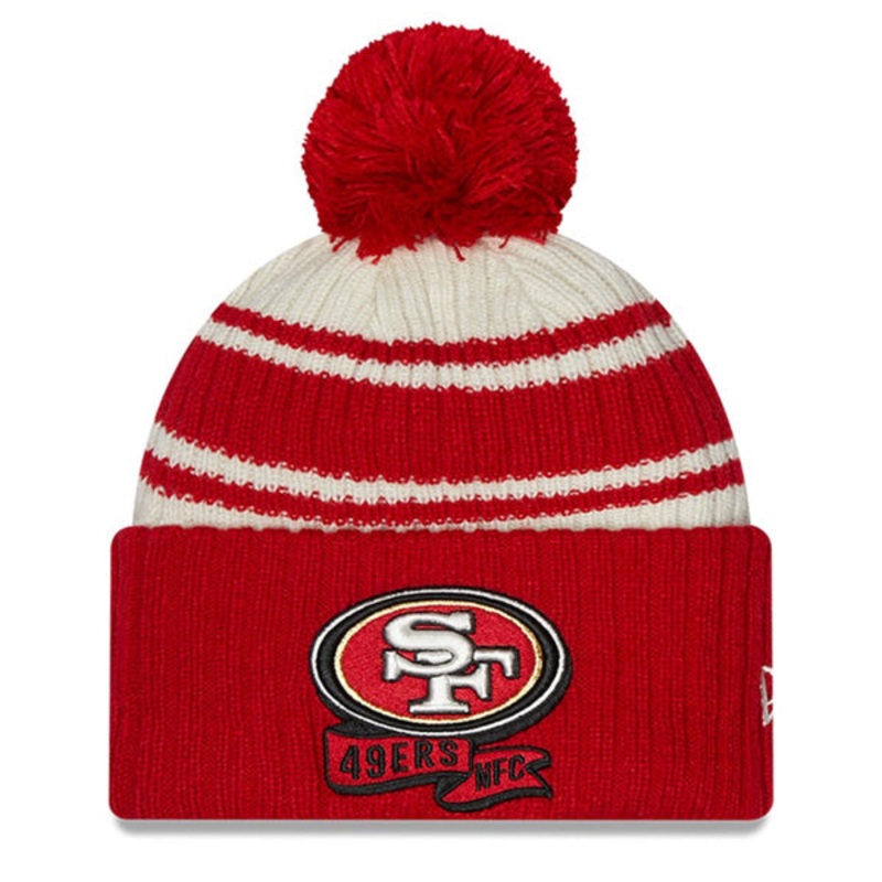 San Francisco New Era 2022 Sideline Sport Cuffed Pom Knit Hat – Cream/Red