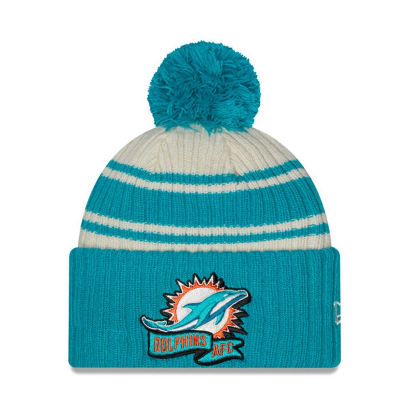 Miami Dolphins New Era 2022 Sideline Sport Cuffed Pom Knit Hat – Cream/Aqua