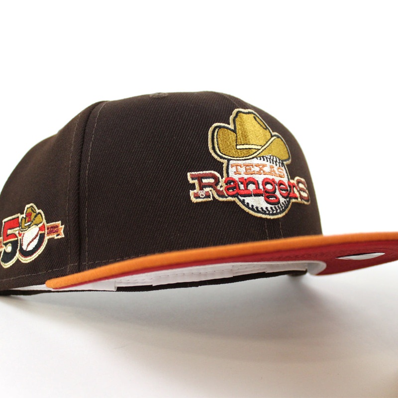 Texas Rangers 50TH New Era 59Fifty Fitted Hat (BURNT WOOD Fight Orange PINOT RED Under Brim) 7