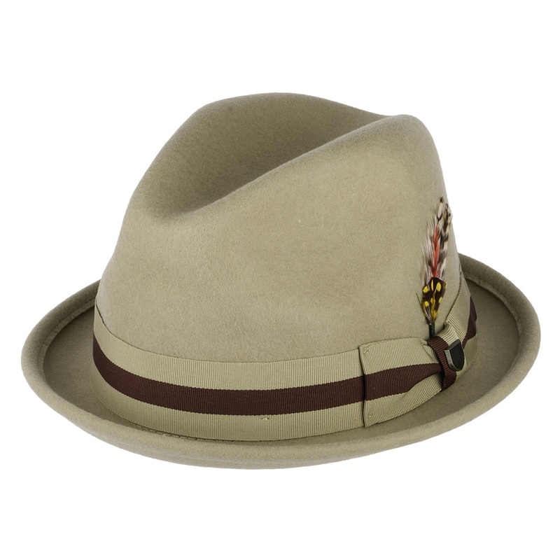 Brixton Hats Gain Wool Felt Trilby Hat with Striped Band – Sand-Brown Small-56cm