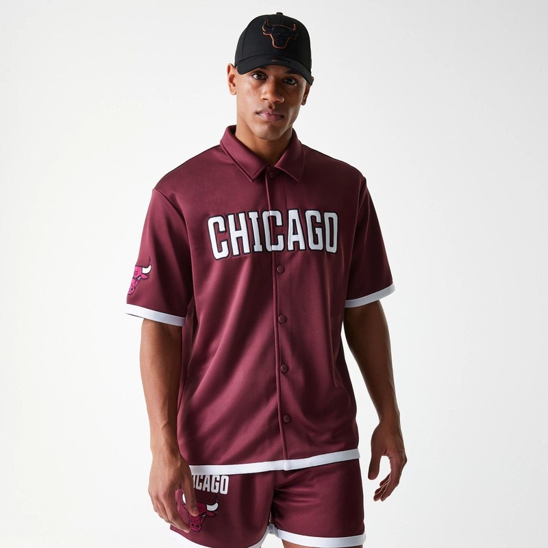 Chicago Bulls NBA Snap Button Dark Red Short Sleeve Shirt XS