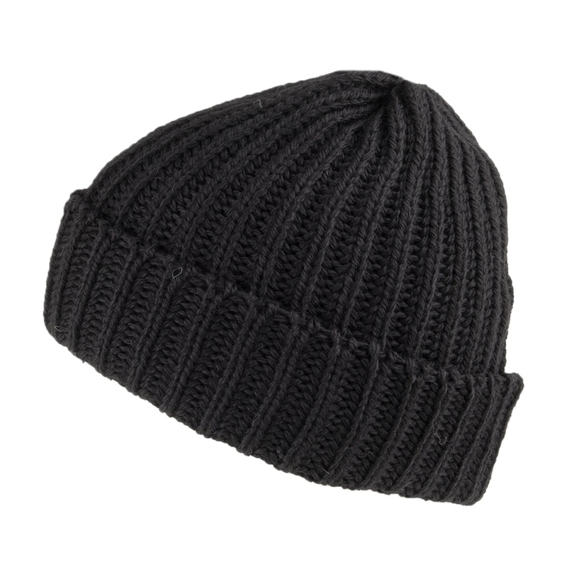 Highland 2000 Merino Wool Short Fisherman Beanie Hat – Black 1-Size