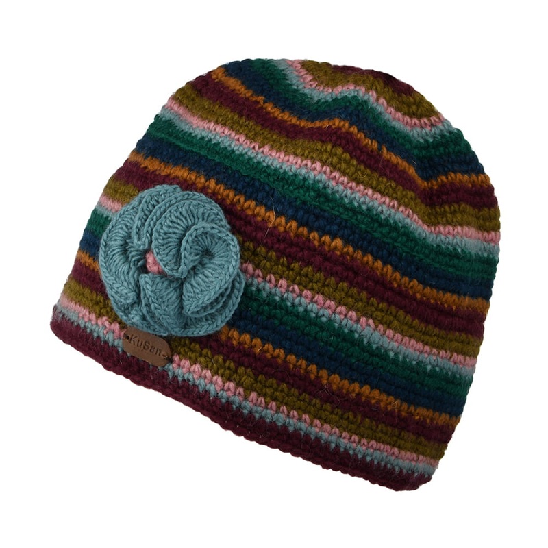 Kusan Crochet Flower Beanie Hat – Plum-Turquoise 1-Size