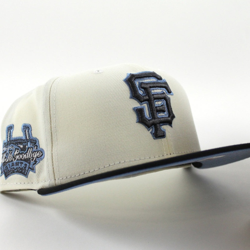 San Francisco Giants 1960 99 TELL IT GOODBYE New Era 59Fifty Fitted Hat (Chrome White Sky Blue Under Brim) 7