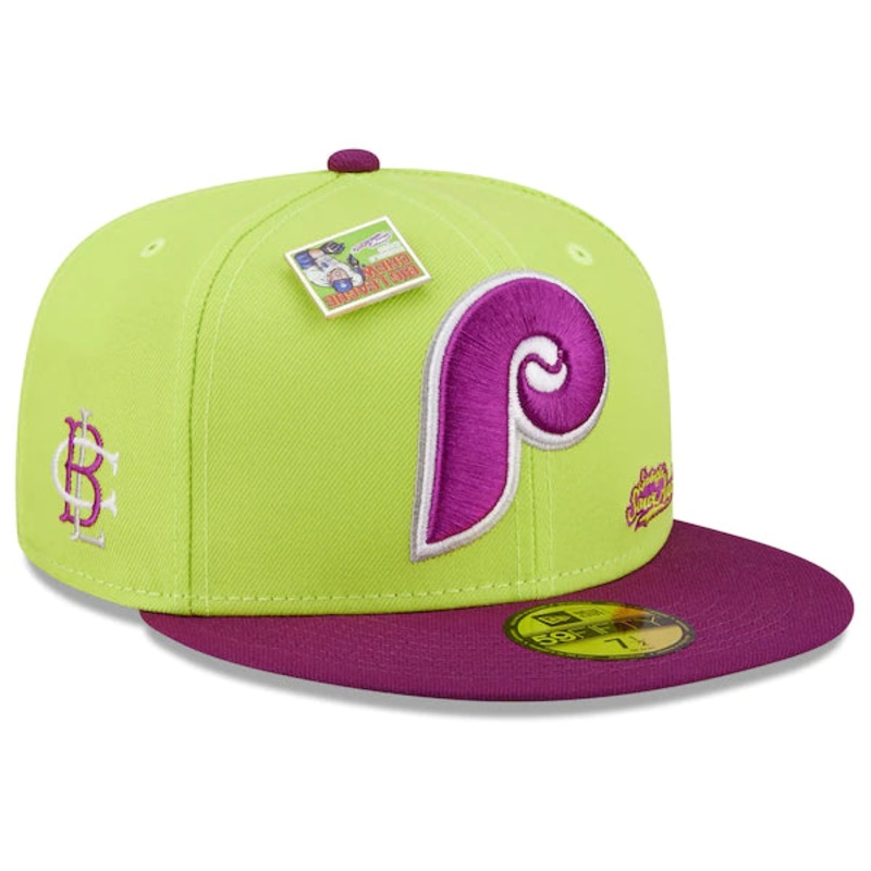 New Era MLB x Big League Chew  Philadelphia Phillies Swingin’ Sour Apple Flavor Pack 59FIFTY Fitted Hat – Green/Purple