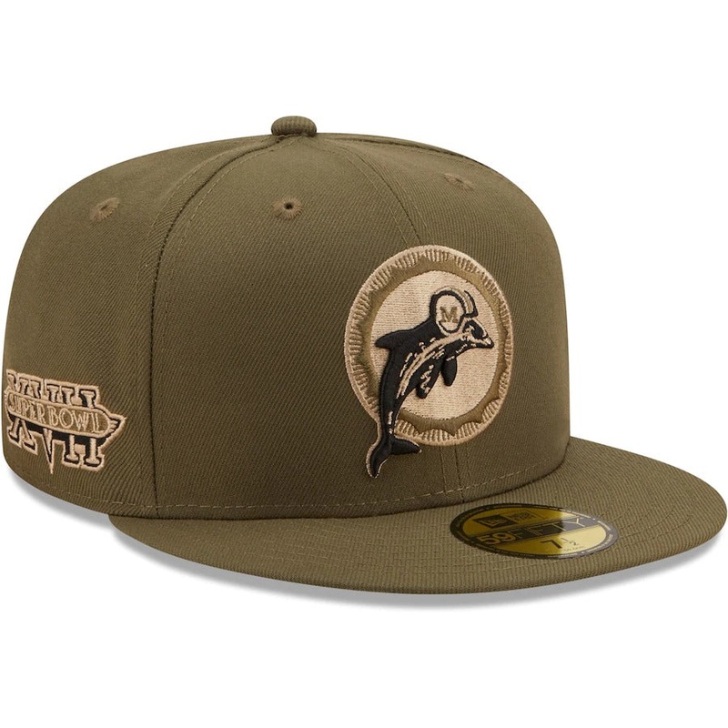 New Era Miami Dolphins Olive Super Bowl XVII Historic Logo Camo Undervisor 59FIFTY Fitted Hat
