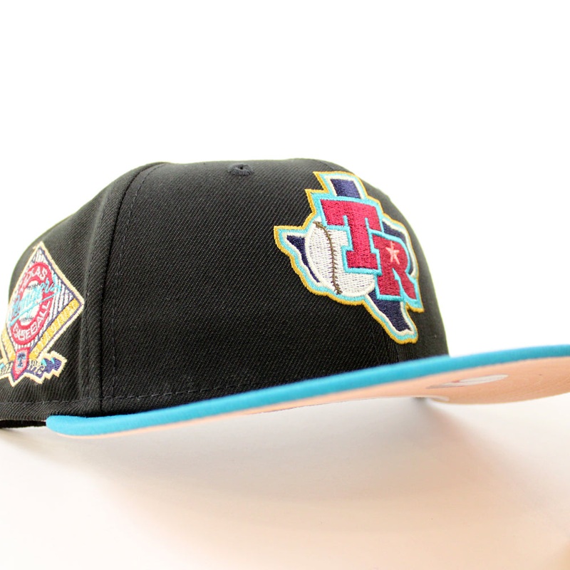 Texas Rangers ARLINGTON STADIUM New Era 59Fifty Fitted Hat (BLACK TITLEWAVE BLUSH SKY Under Brim) 7