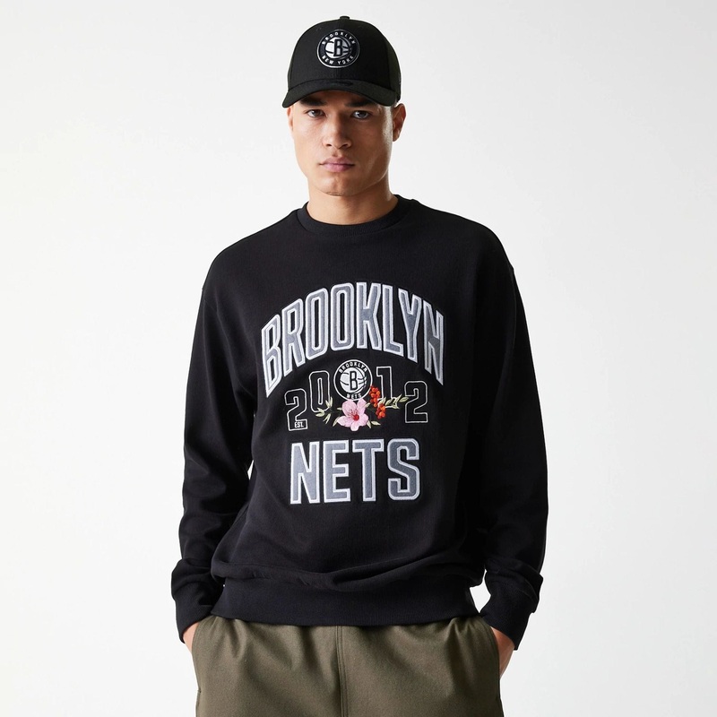 Brooklyn Nets NBA Floral Black Oversized Crew Neck Sweater XS