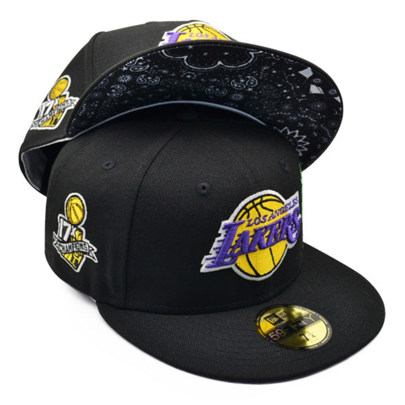 Los Angeles Lakers 17 Time NBA CHAMPIONS Exclusive New Era 59Fifty Fitted Hat – Black/Paisley Bottom 6 7/8