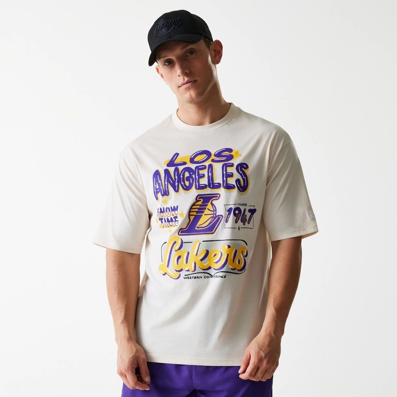 LA Lakers NBA Graphic Light Beige Oversized T-Shirt XS
