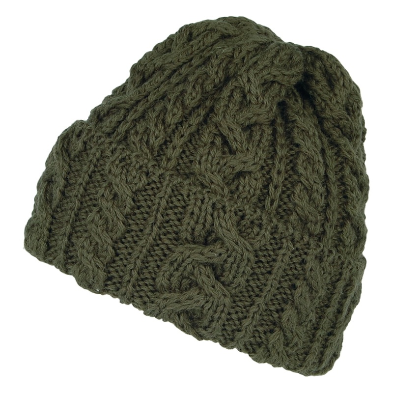 Highland 2000 Cuffed Cable Knit English Wool Beanie Hat – Olive 1-Size