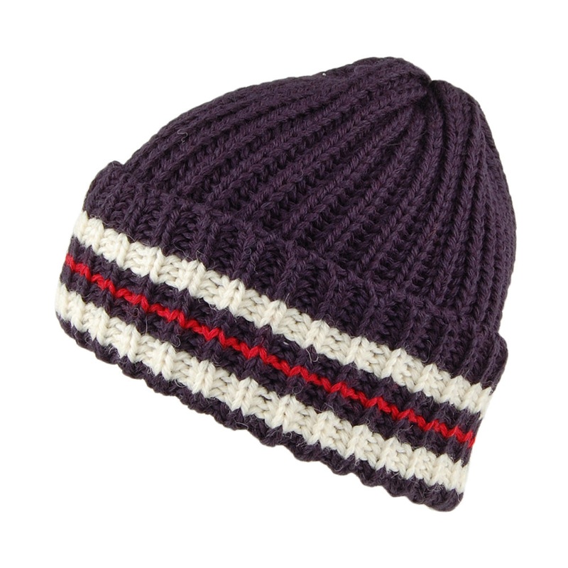 Highland 2000 English Wool Striped Beanie Hat – Navy-Red 1-Size