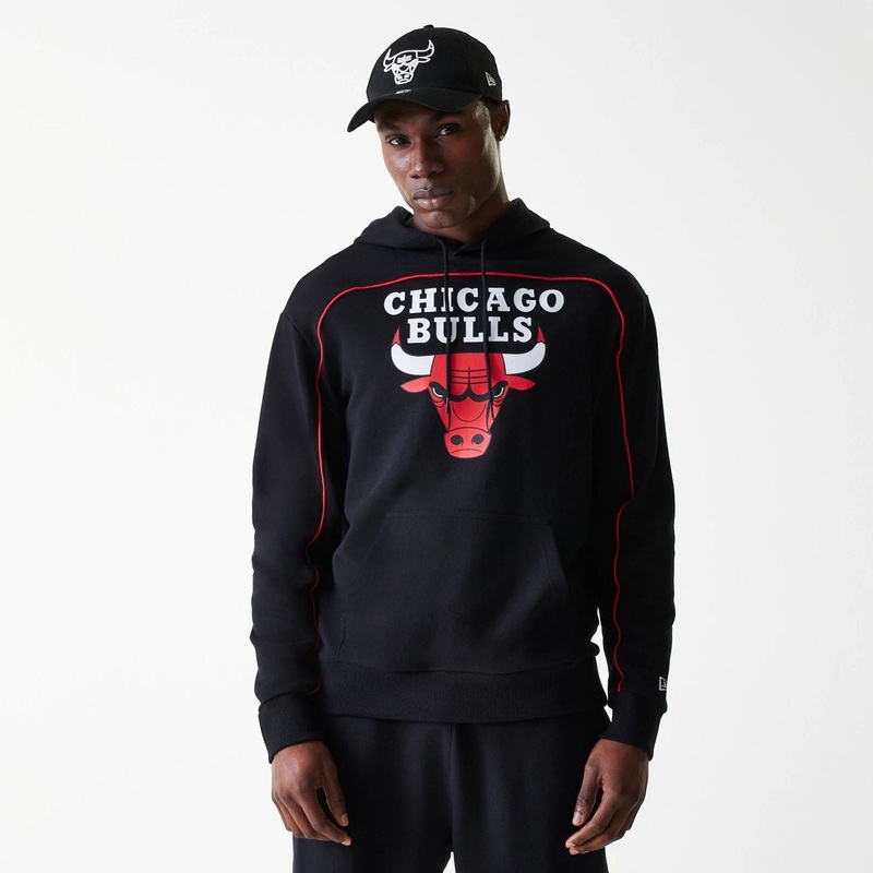 Chicago Bulls NBA Piping Black Oversized Pullover Hoodie XS