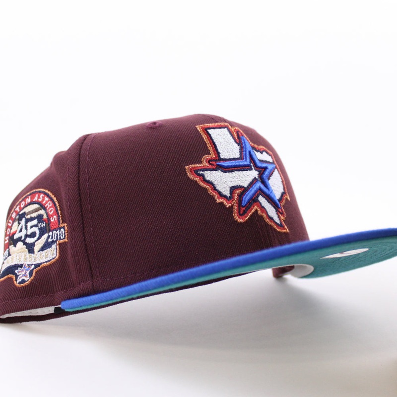 Houston Astros 45TH ANNIVERSARY New Era 59Fifty Fitted Hat (Maroon Azure Aqua Under Brim) 7
