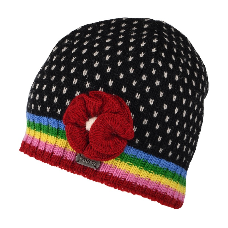 Kusan Fine Gauge Brooklyn Flower Beanie Hat – Black-Multi 1-Size