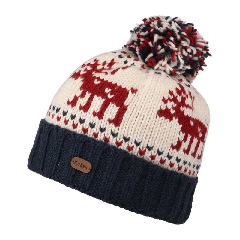 Kusan Reindeer Turn Up Bobble Hat – Navy-Cream 1-Size