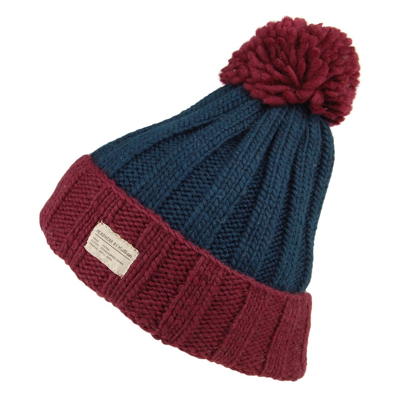 Kusan Ribbed Turn Up Bobble Hat – Burgundy-Teal 1-Size