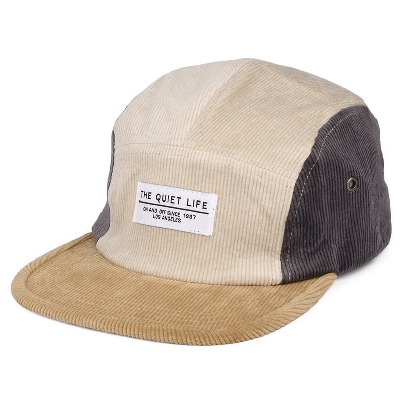 The Quiet Life Hats Colour Block Cord 5 Panel Cap – Tan-Grey Adjustable
