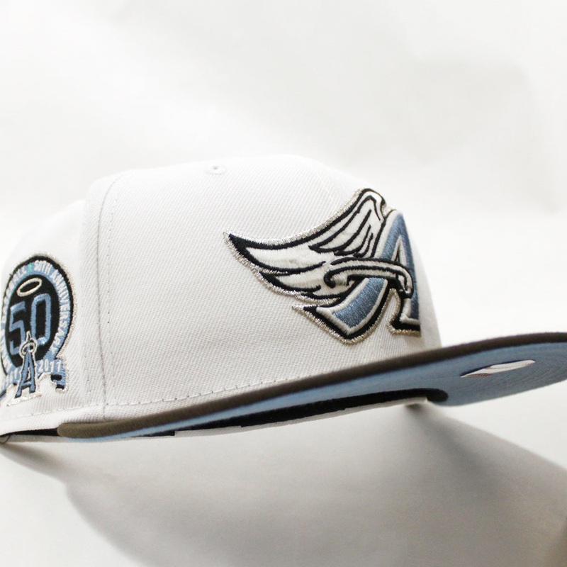 Anaheim Angels 50 Year Anniversary New Era 59Fifty Fitted Hat (GITD White Brown Sky Blue Under Brim) 7