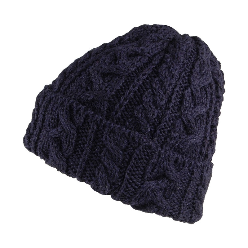 Highland 2000 Cuffed Cable Knit English Wool Beanie Hat – Navy Blue 1-Size