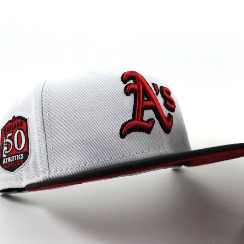 Oakland Athletics 50TH Anniversary New Era 59Fifty Fitted Hat (White Black Red Under Brim) 7