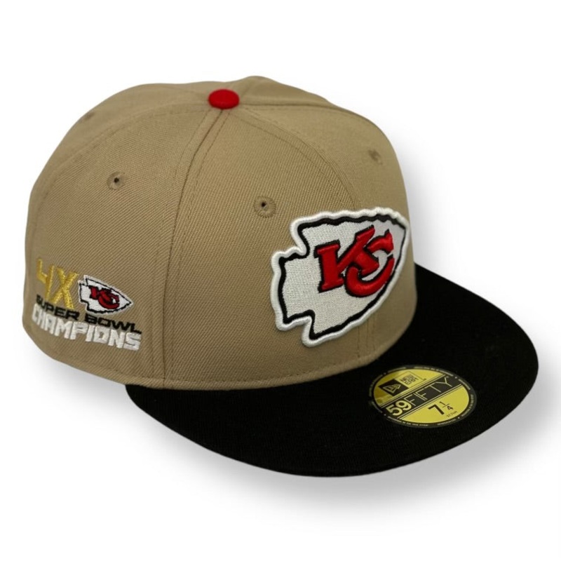 KANSAS CITY CHIEFS (CAMEL) “4X SUPER BOWL CHAMPS” NEW ERA 59FIFTY FITTED (RED UNDER VISOR) 67/8