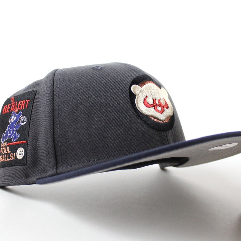 Chicago Cubs be Alert For Foul Balls New Era 59Fifty Fitted Hat (Graphite Gray Navy Gray Under Brim) 7