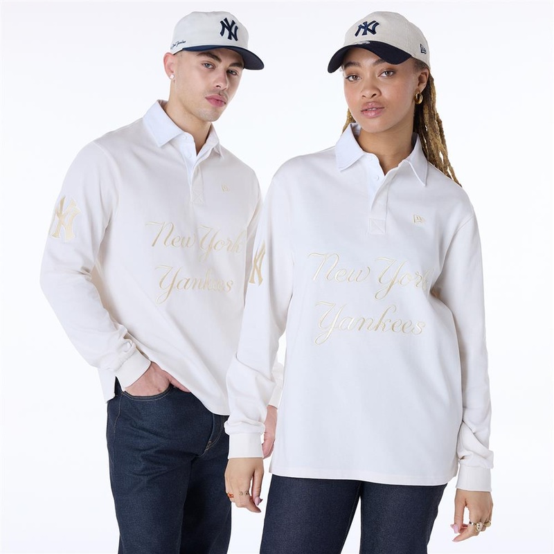 New York Yankees Rugby MLB Script Long Sleeve White Polo S