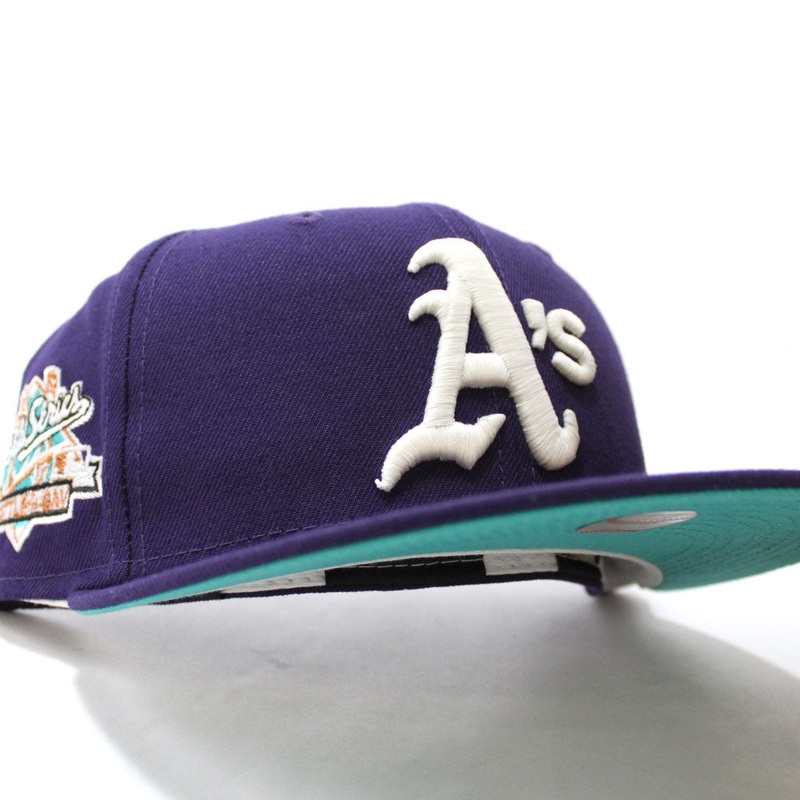 Oakland Athletics 1989 World Series New Era 59Fifty Fitted Hat (Glow in the Dark Purple Teal Under Brim) 7