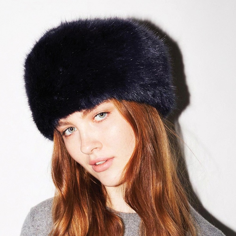 Helen Moore Womens Faux Fur Winter Pillbox Hat – Navy Blue 1-Size