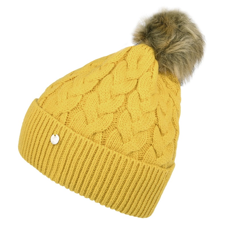 Joules Hats Elena Cable Knit Faux Fur Pom Bobble Hat – Mustard 1-Size
