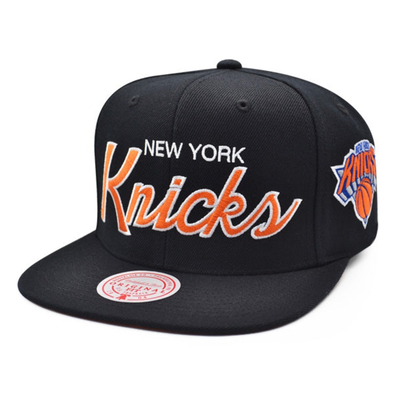 New York Knicks Mitchell & Ness TEAM SCRIPT Snapback Hat – Black/Orange