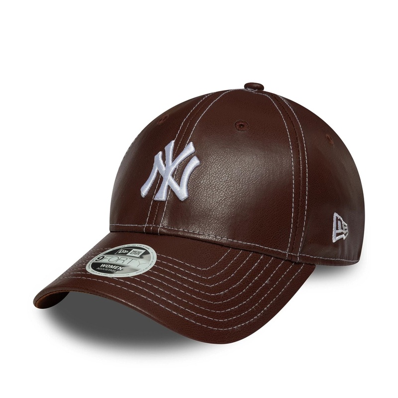 New York Yankees Womens MLB Topstitch PU Brown 9FORTY Adjustable Cap OSFM