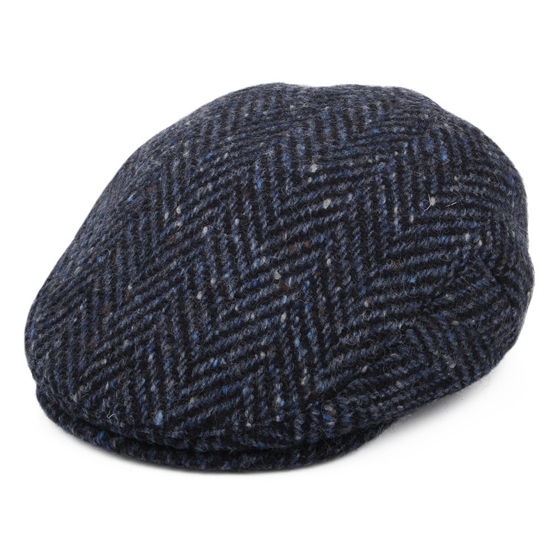 Jaxon & James Heavyweight Donegal Tweed Herringbone Dunmore Flat Cap – Navy-Black S