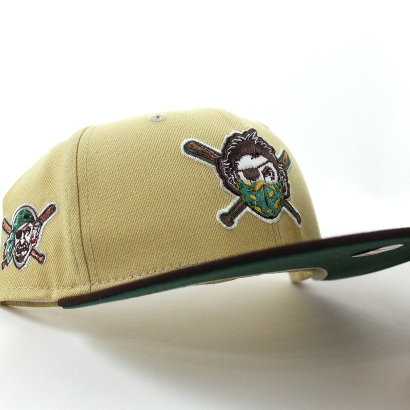 Pittsburgh Pirates PIRATES Patch 59Fifty New Era Fitted Hat (VEGAS GOLD BURNT WOOD EMERALD GREEN Under Brim) 7
