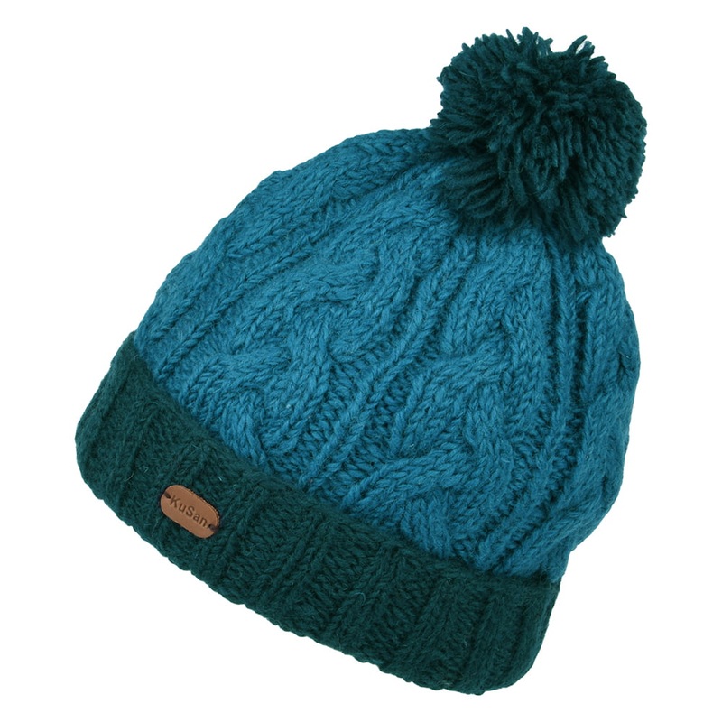 Kusan 2-Tone Cable Knit Turn Up Bobble Hat – Blue 1-Size