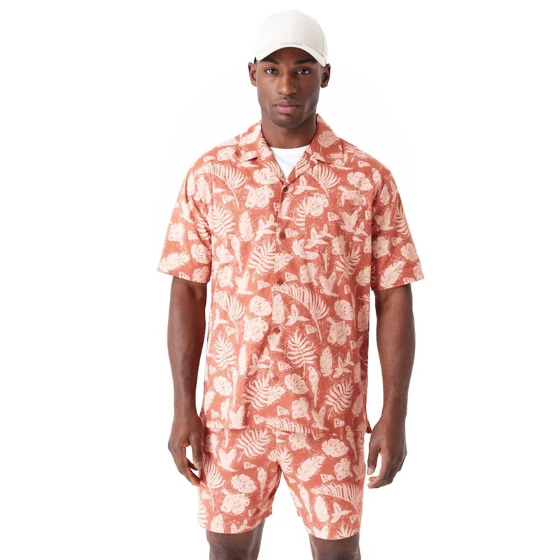 New Era All Over Print Brown Woven Short Sleeve Shirt XS