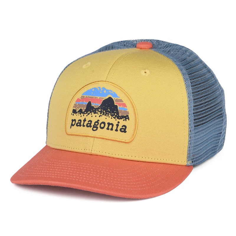 Patagonia Hats Kids Skyline Stencil Organic Cotton Trucker Cap – Mustard-Coral-Blue CHILD ADJ.