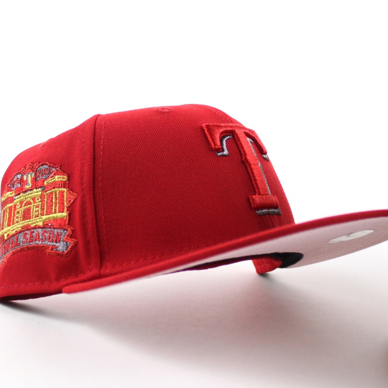 Texas Rangers Final Season Patch New Era 59Fifty Fitted Hat (Scarlet Red Pink Under Brim) 7