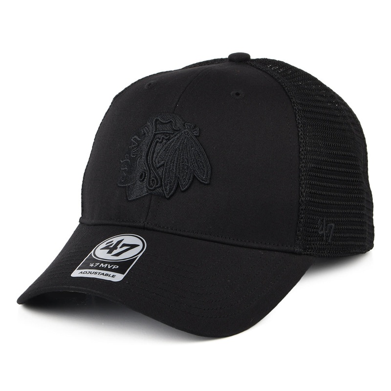 47 Brand Chicago Blackhawks Trucker Cap – NHL Branson MVP – Black On Black Adjustable